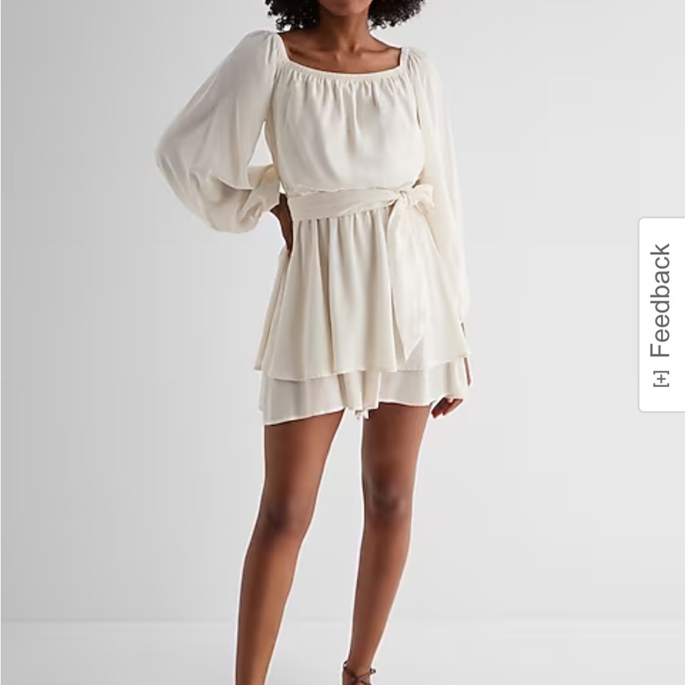 Express White Long Sleeve Tie Waist Off the shoulder option Ruffle Romper Dress